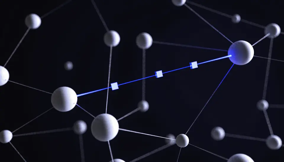 Abstract 3D render of a network: pale spheres joined by thin threads on a dark navy background, with one route across it glowing blue and three small cubes travelling along it.
